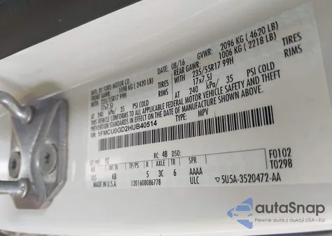 2017 Ford Escape Se из США, поврежденный, VIN 1FMCU0GD2HUB40514